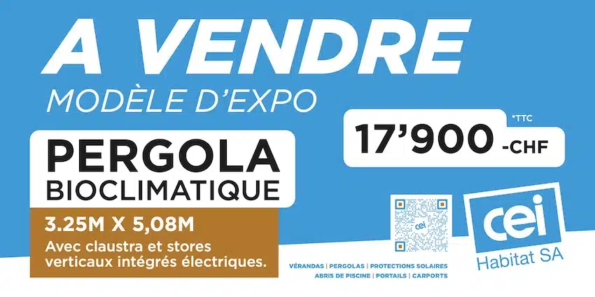 Affiche CEI Habitat de la pergola bioclimatique d’exposition à Meyrin, 3,25 × 5,08 m, CHF 17’900 TTC